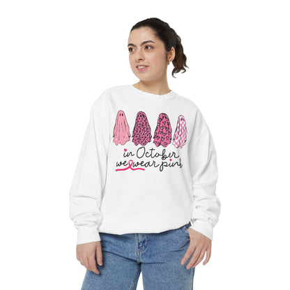 "In October We Wear Pink" Ghost Design — Breast Cancer Awareness Sweatshirt