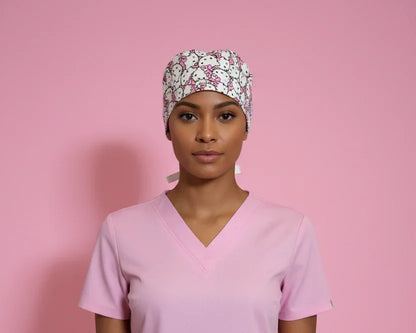 Healthcare worker wearing Hello Kitty scrub cap